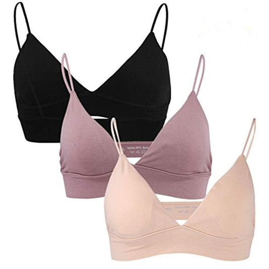 Thin Bra, 3 Color/Pack Fashion Soft Wire Free Bras Sport Bikini with Removable Pads Slim Strap and Deep-V Design Girls' Crop Bra/Maternity Nursing Brassiere/Soft Cup(M Size) M Size