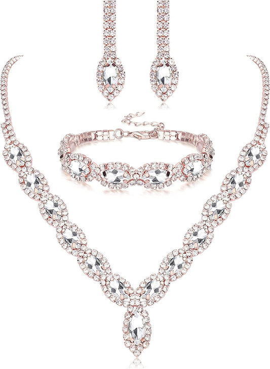 Thunaraz Crystal Bridal Jewelry Set Crystal Necklace and Earrings with Crystal Bracelet for Women Jewelry Set Gifts Fit rose gold