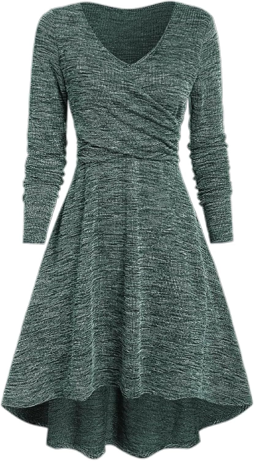 TIAFORD Women'S V Neck Wrap Waist Dress Casual Fall Mixed Color Long Sleeve High Low Irregular Hem A-Line Mini Dress Green / Medium