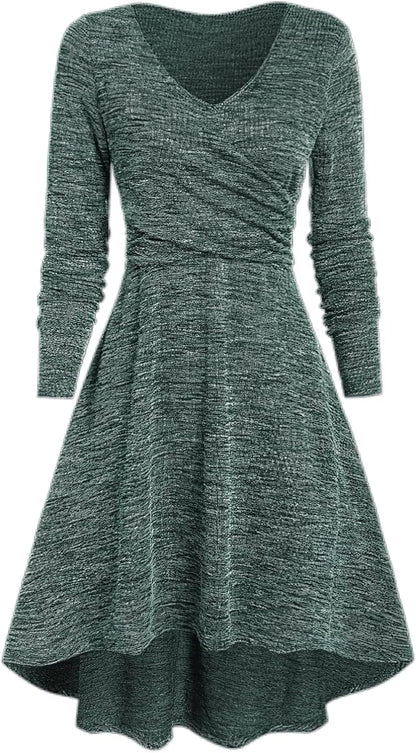 TIAFORD Women'S V Neck Wrap Waist Dress Casual Fall Mixed Color Long Sleeve High Low Irregular Hem A-Line Mini Dress Green / Medium