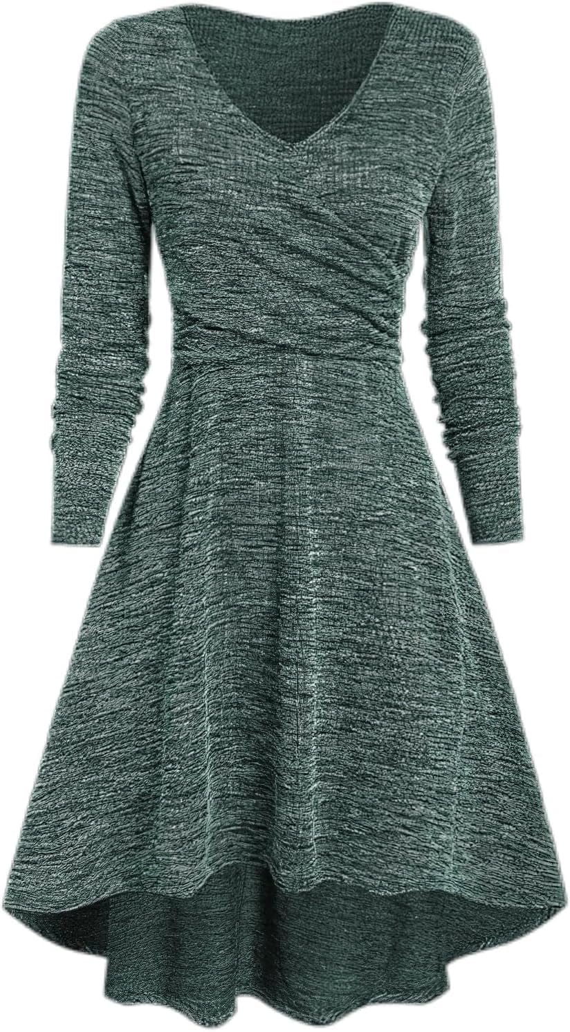 TIAFORD Women'S V Neck Wrap Waist Dress Casual Fall Mixed Color Long Sleeve High Low Irregular Hem A-Line Mini Dress Green / Small