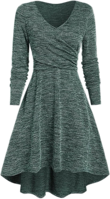 TIAFORD Women'S V Neck Wrap Waist Dress Casual Fall Mixed Color Long Sleeve High Low Irregular Hem A-Line Mini Dress Green / Small