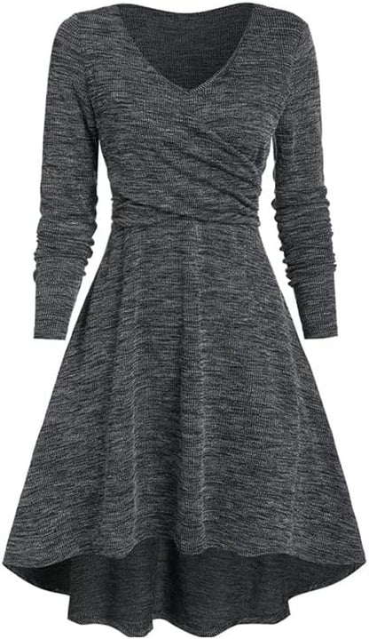 TIAFORD Women'S V Neck Wrap Waist Dress Casual Fall Mixed Color Long Sleeve High Low Irregular Hem A-Line Mini Dress