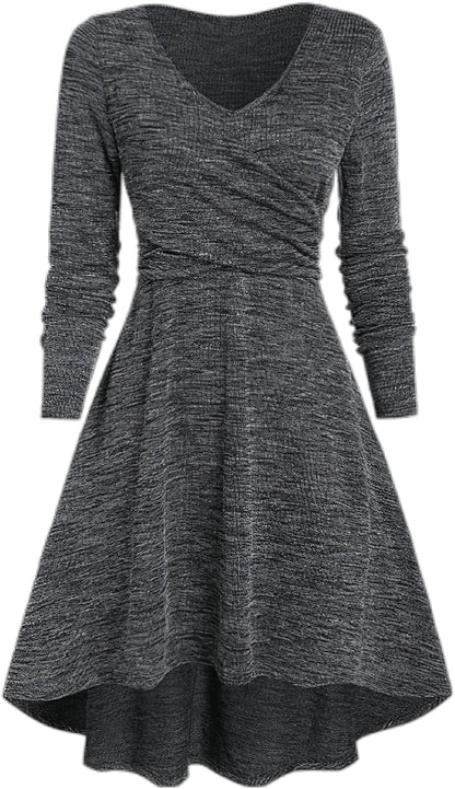 TIAFORD Women'S V Neck Wrap Waist Dress Casual Fall Mixed Color Long Sleeve High Low Irregular Hem A-Line Mini Dress