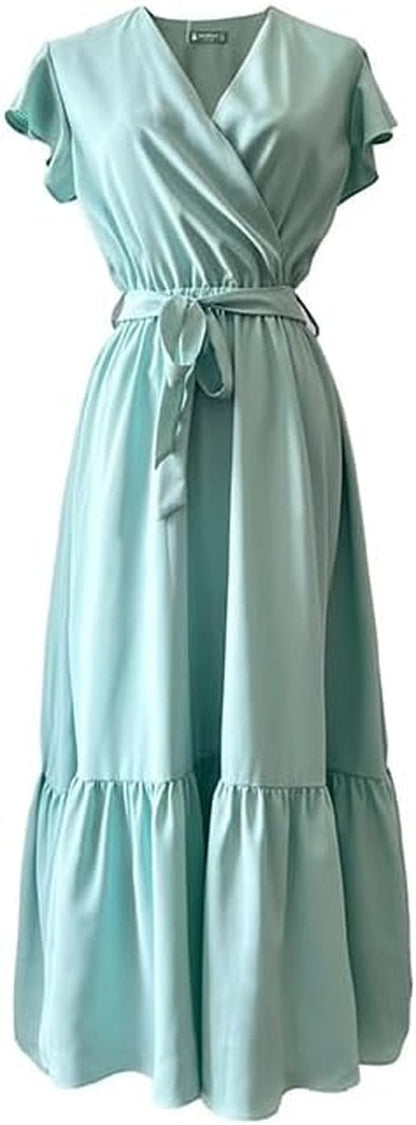 TICHIAN4S2U Women Floral Maxi Dress Wrap V Neck Short Sleeve Belted Ruffle Hem A-Line Bohemian Dresses Light Blue Solid / Xx-Large
