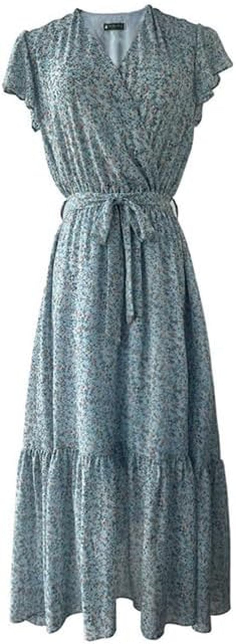 TICHIAN4S2U Women Floral Maxi Dress Wrap V Neck Short Sleeve Belted Ruffle Hem A-Line Bohemian Dresses Dark Blue Floral / Medium