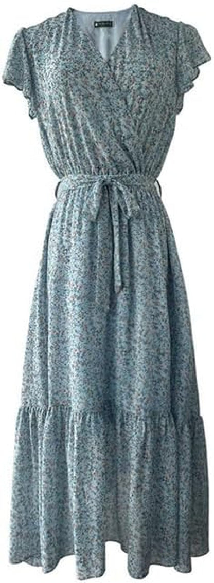 TICHIAN4S2U Women Floral Maxi Dress Wrap V Neck Short Sleeve Belted Ruffle Hem A-Line Bohemian Dresses Dark Blue Floral / Medium