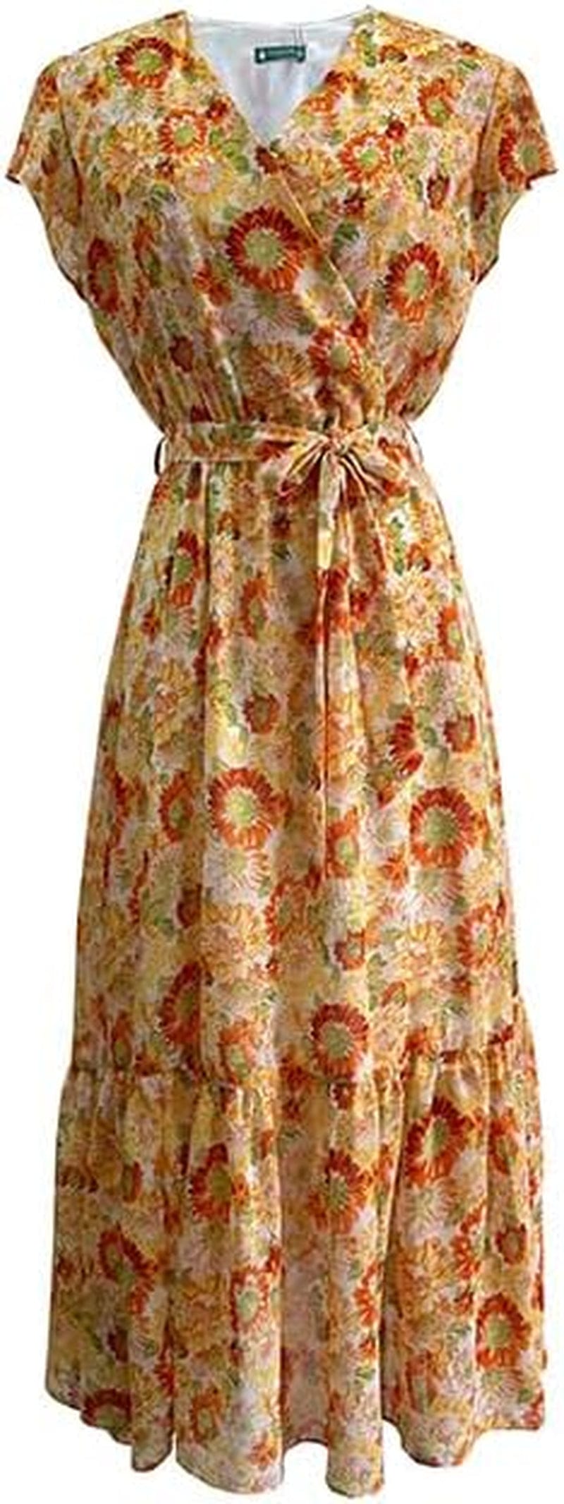 TICHIAN4S2U Women Floral Maxi Dress Wrap V Neck Short Sleeve Belted Ruffle Hem A-Line Bohemian Dresses Orange Floral / Medium