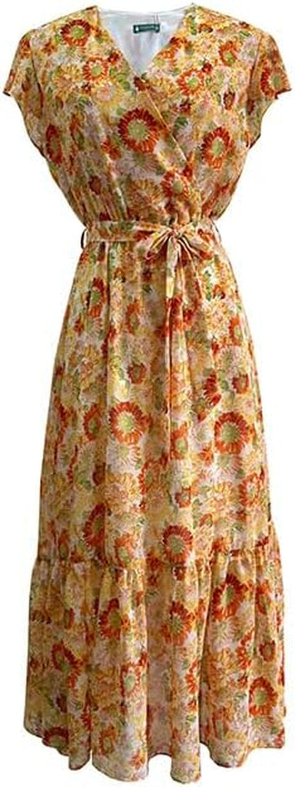 TICHIAN4S2U Women Floral Maxi Dress Wrap V Neck Short Sleeve Belted Ruffle Hem A-Line Bohemian Dresses Orange Floral / Medium