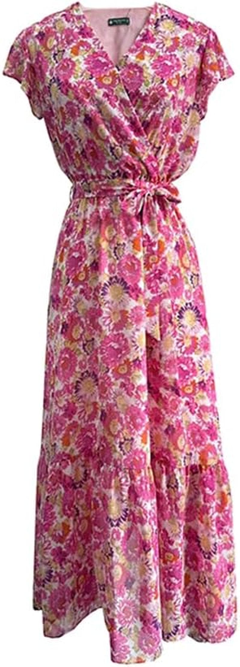 TICHIAN4S2U Women Floral Maxi Dress Wrap V Neck Short Sleeve Belted Ruffle Hem A-Line Bohemian Dresses Pink Floral / Small