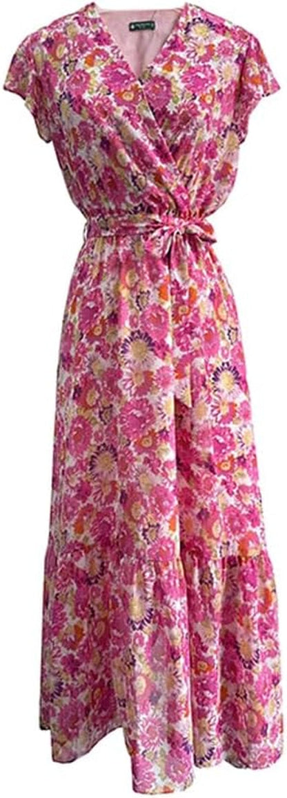 TICHIAN4S2U Women Floral Maxi Dress Wrap V Neck Short Sleeve Belted Ruffle Hem A-Line Bohemian Dresses Pink Floral / Small