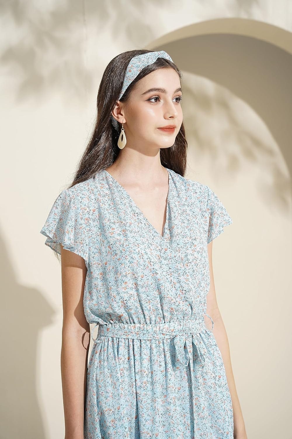 TICHIAN4S2U Women Floral Maxi Dress Wrap V Neck Short Sleeve Belted Ruffle Hem A-Line Bohemian Dresses