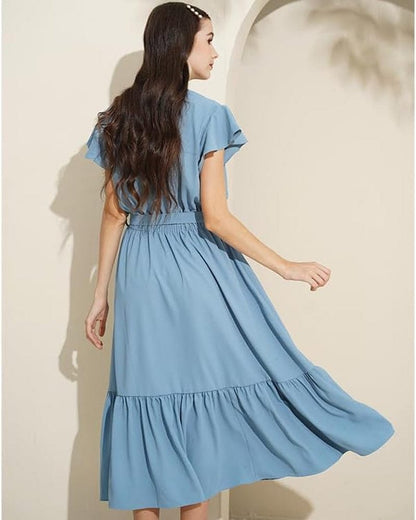 TICHIAN4S2U Women Floral Maxi Dress Wrap V Neck Short Sleeve Belted Ruffle Hem A-Line Bohemian Dresses