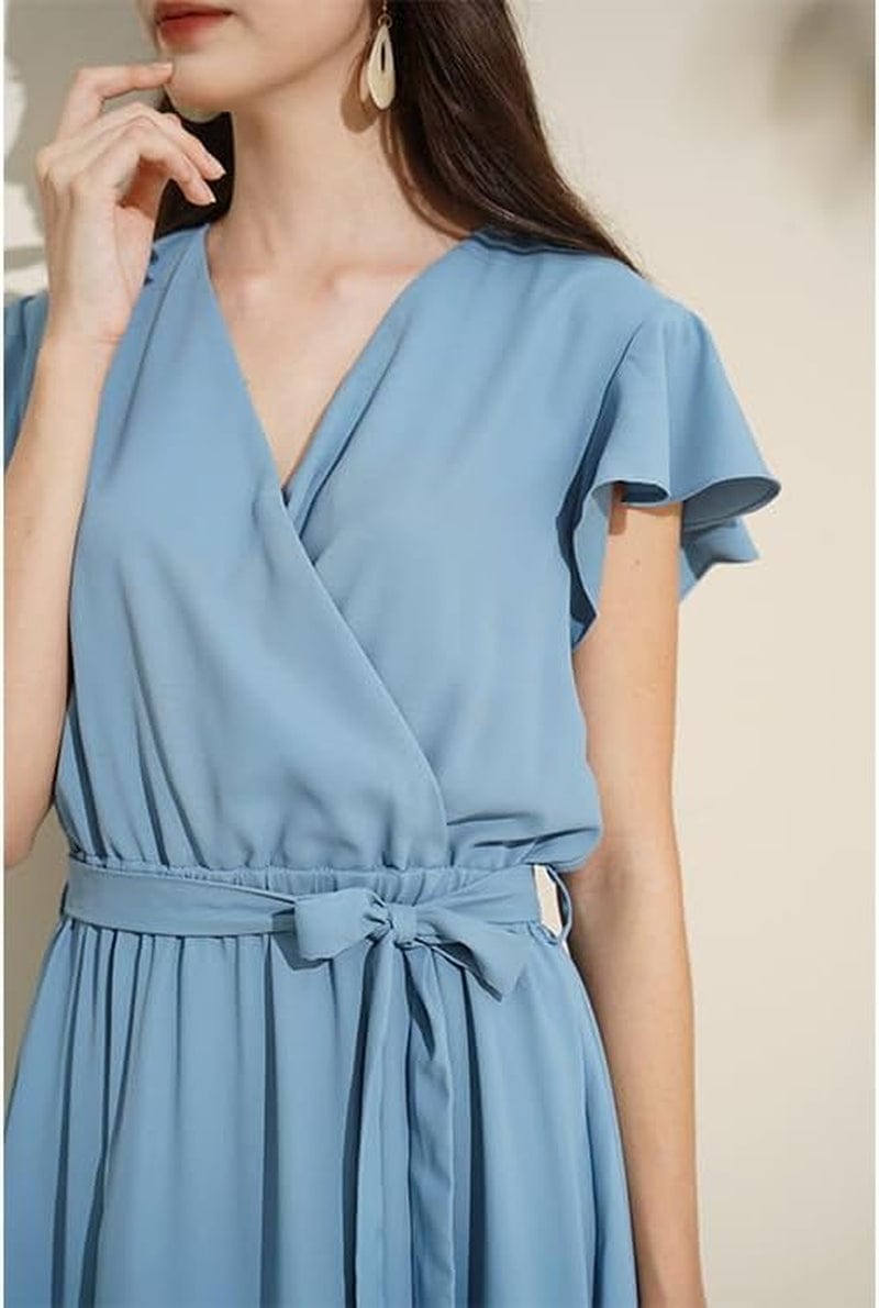 TICHIAN4S2U Women Floral Maxi Dress Wrap V Neck Short Sleeve Belted Ruffle Hem A-Line Bohemian Dresses