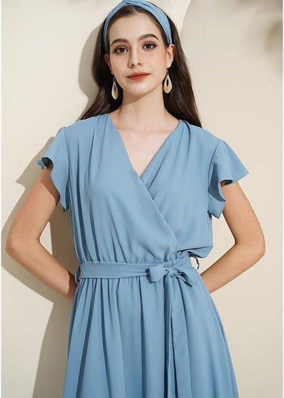 TICHIAN4S2U Women Floral Maxi Dress Wrap V Neck Short Sleeve Belted Ruffle Hem A-Line Bohemian Dresses
