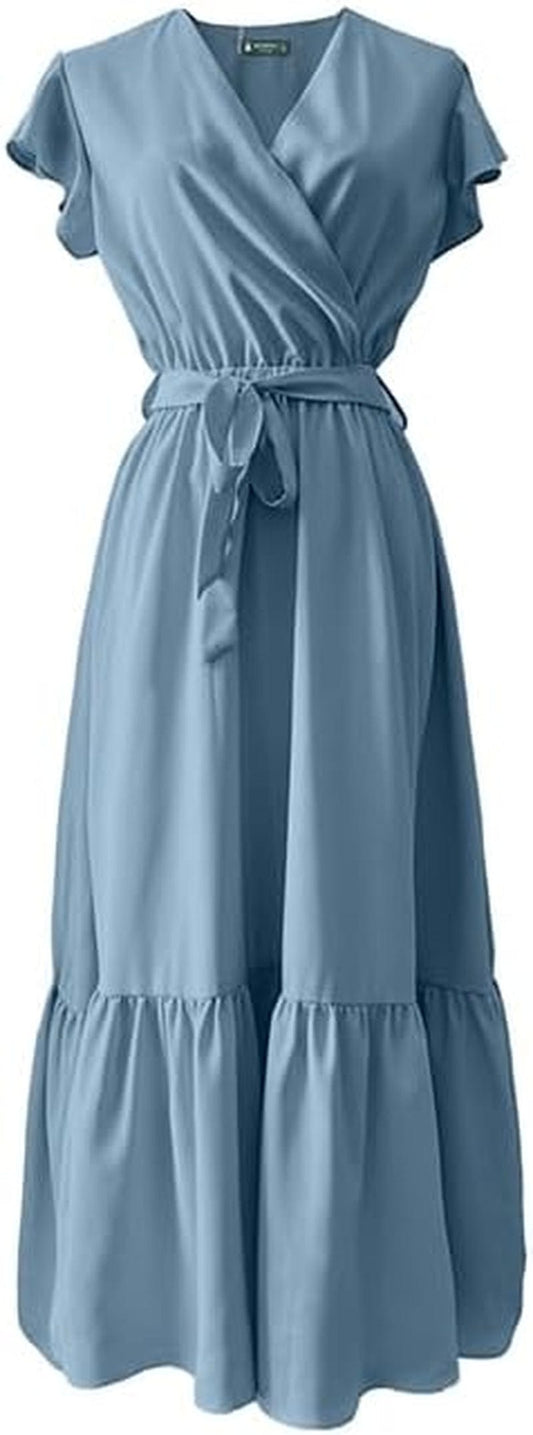 TICHIAN4S2U Women Floral Maxi Dress Wrap V Neck Short Sleeve Belted Ruffle Hem A-Line Bohemian Dresses