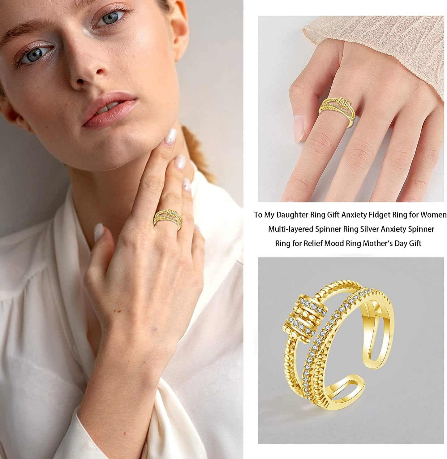 To My Daughter Ring Gift Anxiety Fidget Ring for Women Multi-Layered Spinner Ring Silver Anxiety Spinner Ring for Relief Mood Ring Mother'S Day Gift gold
