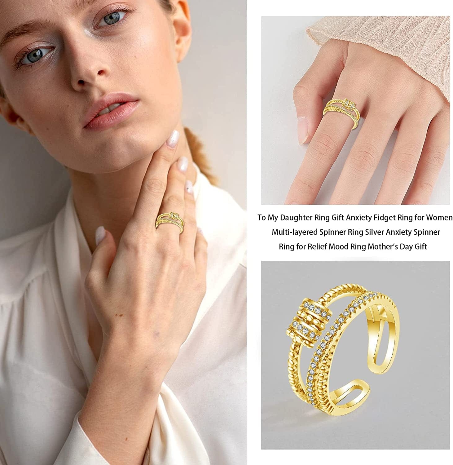 To My Daughter Ring Gift Anxiety Fidget Ring for Women Multi-Layered Spinner Ring Silver Anxiety Spinner Ring for Relief Mood Ring Mother'S Day Gift gold