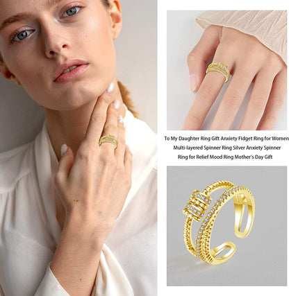 To My Daughter Ring Gift Anxiety Fidget Ring for Women Multi-Layered Spinner Ring Silver Anxiety Spinner Ring for Relief Mood Ring Mother'S Day Gift gold