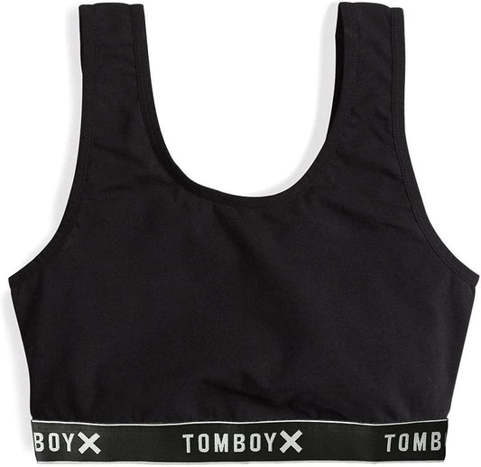 Tomboyx Soft Bra, Cotton Scoop-Neck Bralette for Women, Wireless No-Padding Low Impact, (XS-5X) Black Logo / X-Small