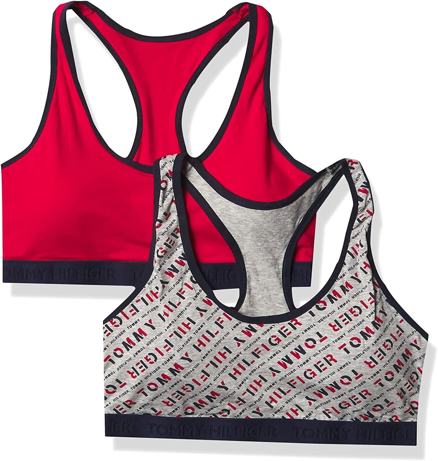 Tommy Hilfiger Women'S Bra Racerback Cotton Bralette, 2 Pack Apple Red / Logo Diagonal Hearther Grey / Medium