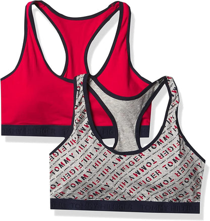 Tommy Hilfiger Women'S Bra Racerback Cotton Bralette, 2 Pack Apple Red / Logo Diagonal Hearther Grey / X-Large