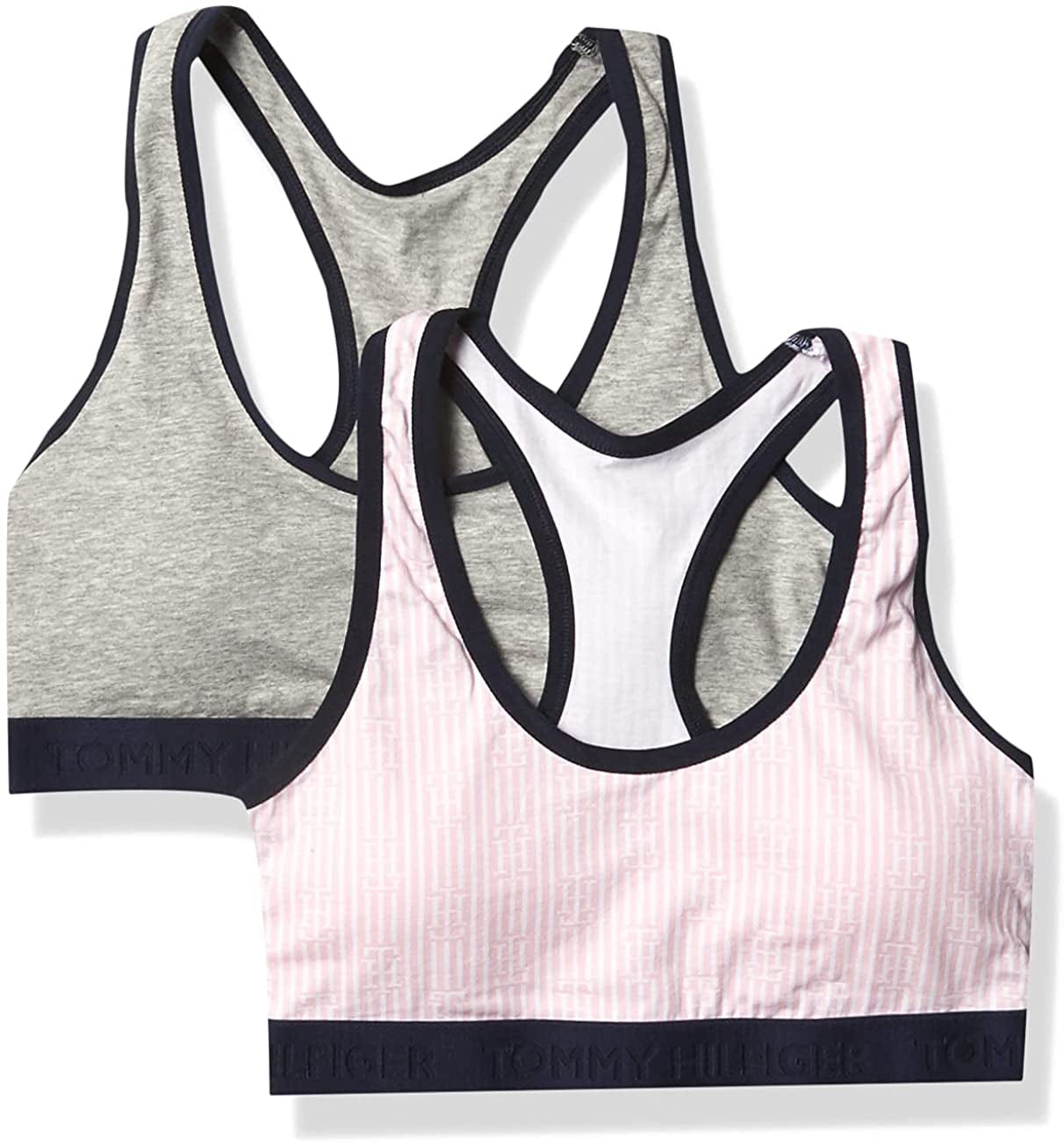 Tommy Hilfiger Women'S Bra Racerback Cotton Bralette, 2 Pack Heather Grey / Pink Th Graphic Glyph / Medium