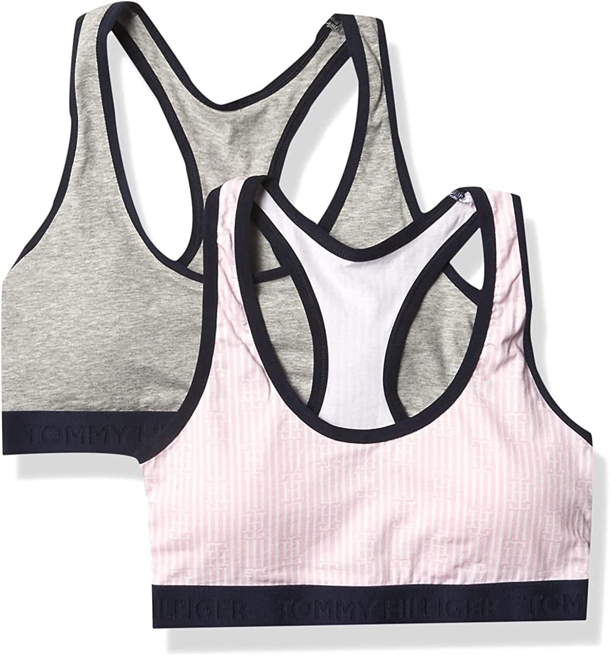 Tommy Hilfiger Women'S Bra Racerback Cotton Bralette, 2 Pack Heather Grey / Pink Th Graphic Glyph / X-Large