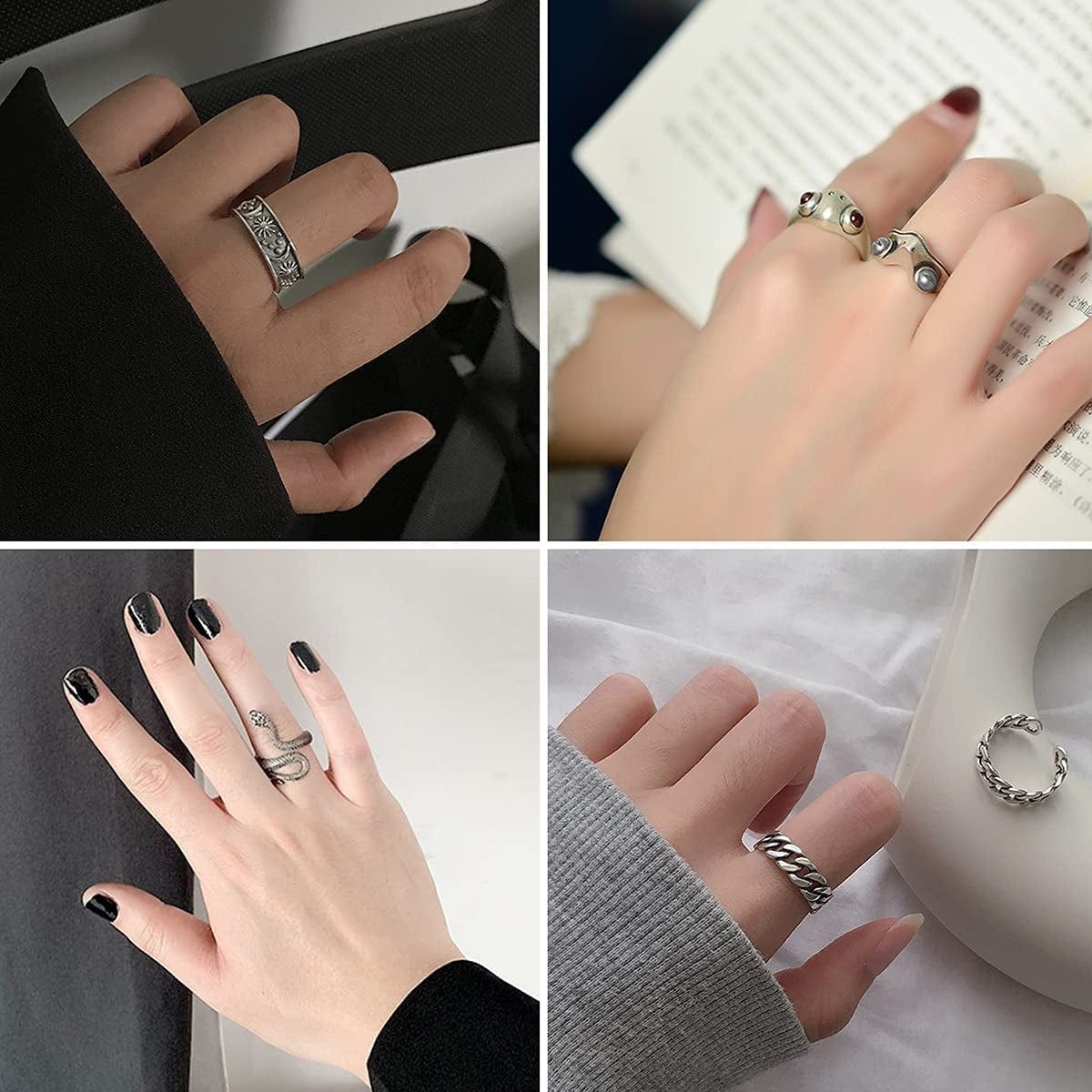 TOU Mens Vintage Open Rings Set Frog Snake Skull Cool Punk Goth Ring for Men Women Girls Adjustable