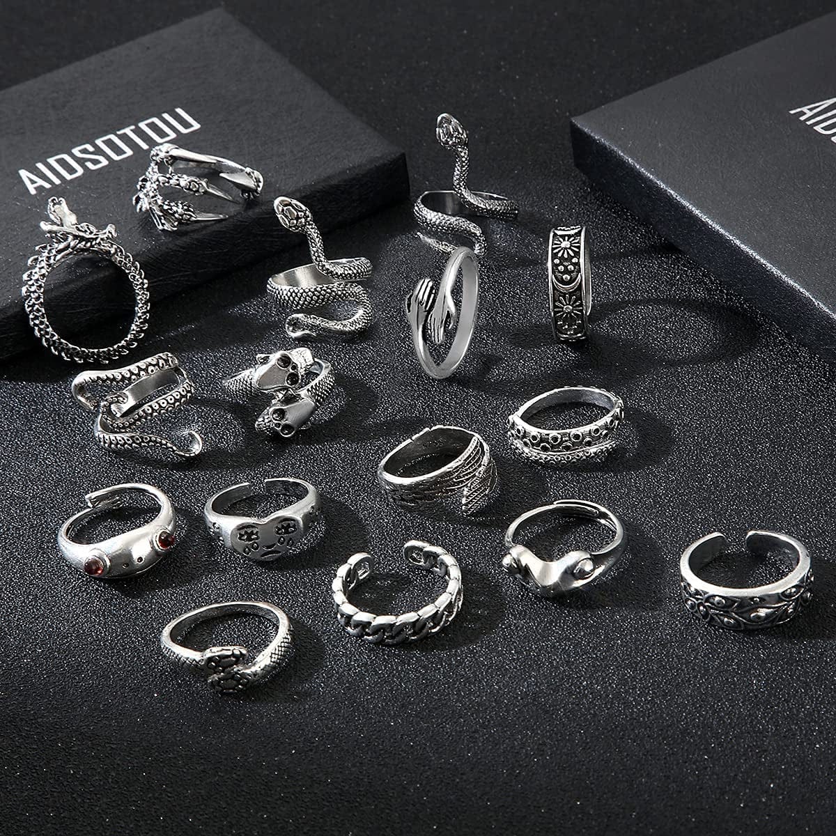 TOU Mens Vintage Open Rings Set Frog Snake Skull Cool Punk Goth Ring for Men Women Girls Adjustable