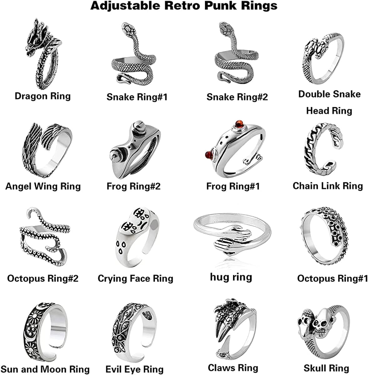 TOU Mens Vintage Open Rings Set Frog Snake Skull Cool Punk Goth Ring for Men Women Girls Adjustable