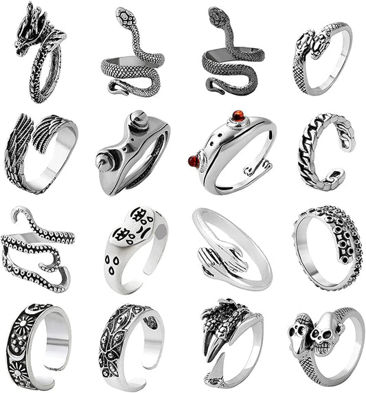 TOU Mens Vintage Open Rings Set Frog Snake Skull Cool Punk Goth Ring for Men Women Girls Adjustable Silver-16 PCS