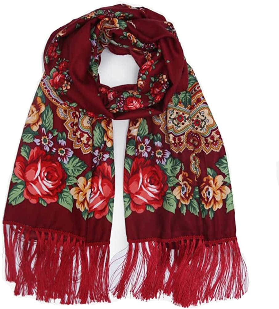 Traditional Tassel Exotic Wrap Printed Scarf for Women Warm Soft Large Long Rectangular Fashion Scarves Apparel & Accessories > Clothing Accessories > Scarves & Shawls Gudessly Wine Red  