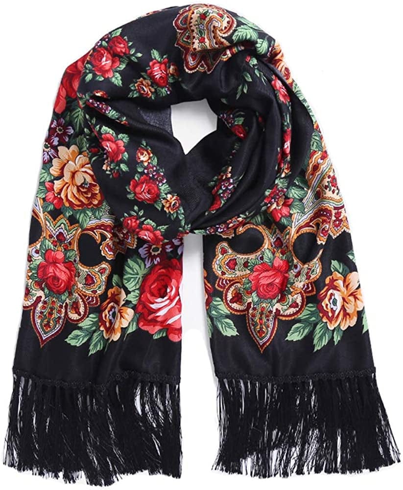 Traditional Tassel Exotic Wrap Printed Scarf for Women Warm Soft Large Long Rectangular Fashion Scarves Apparel & Accessories > Clothing Accessories > Scarves & Shawls Gudessly Black  