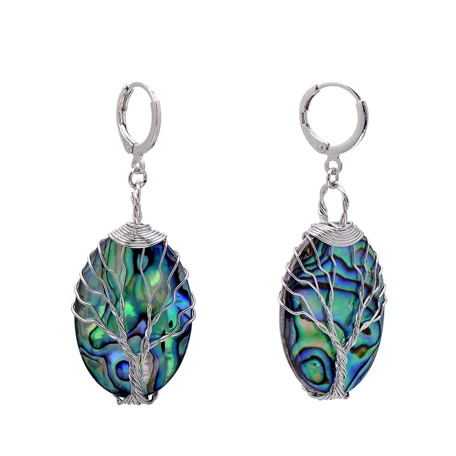 Tree of Life Hand Wrapped Sea Abalone Shell Earrings for Women, French Wire Antiqued Copper Copper leverbacks -White -Oval shell