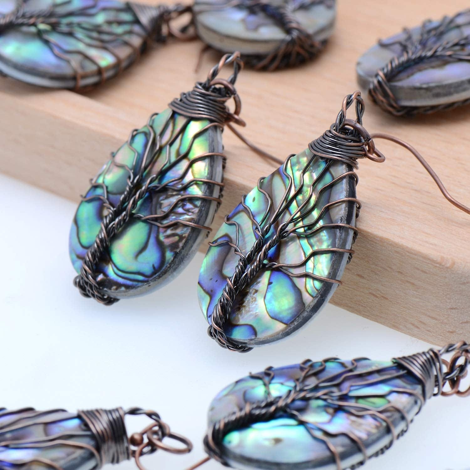 Tree of Life Hand Wrapped Sea Abalone Shell Earrings for Women, French Wire Antiqued Copper