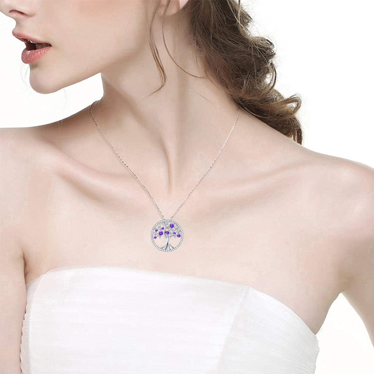 Tree of Life Jewelry for Wife Mom July Birthstones Ruby Jewelry Blue Sapphire Citrine Amethyst Aquamarine Emearld Diamond Pendant Necklace for Women Sterling Silver,Birthday Gifts Her G February Birthstone Amethyst Necklace