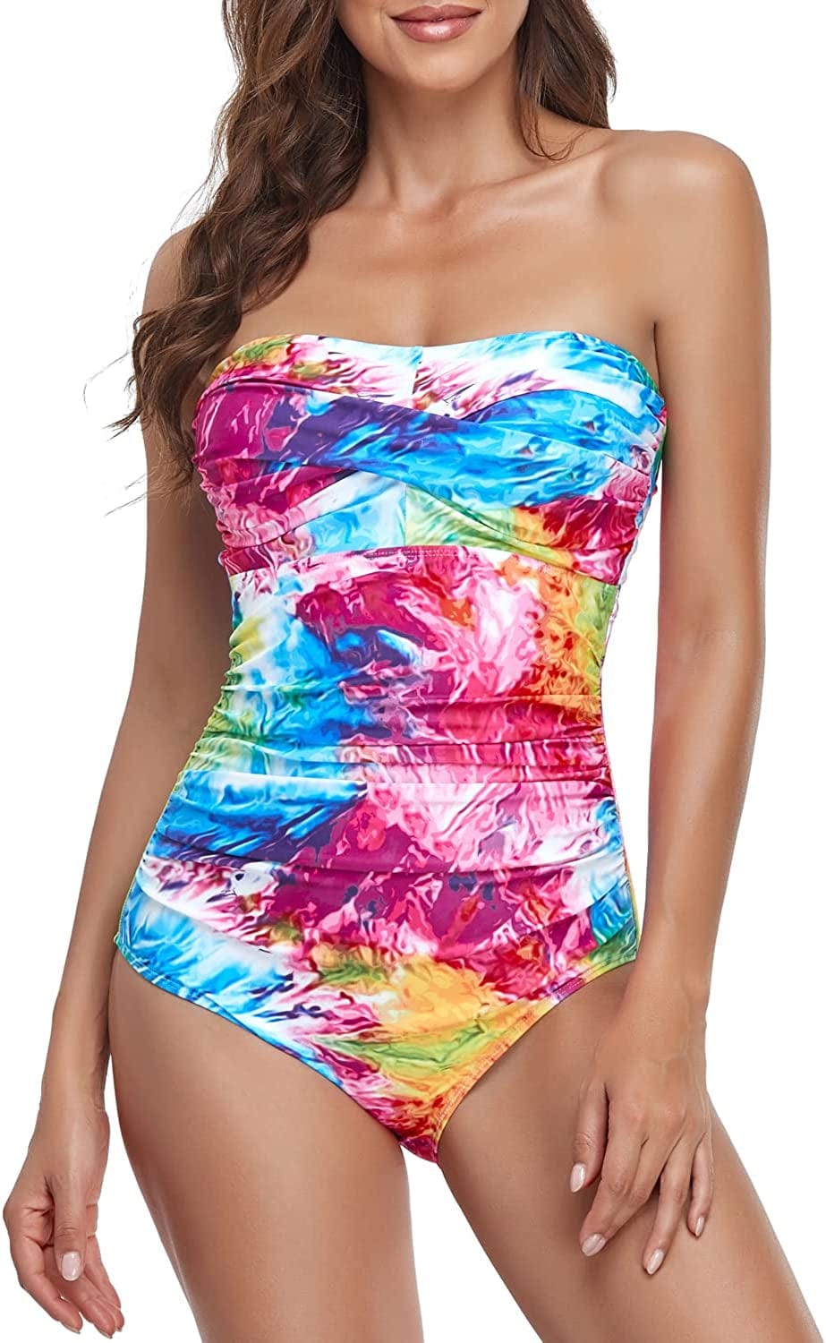 Tummy Control Swimwear Strapless One Piece Swimsuit Ruched Bathing Suits for Women Slimming Bandeau Tube Top Bikini Color Tie Dye / Medium