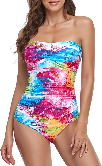 Tummy Control Swimwear Strapless One Piece Swimsuit Ruched Bathing Suits for Women Slimming Bandeau Tube Top Bikini Color Tie Dye / Medium