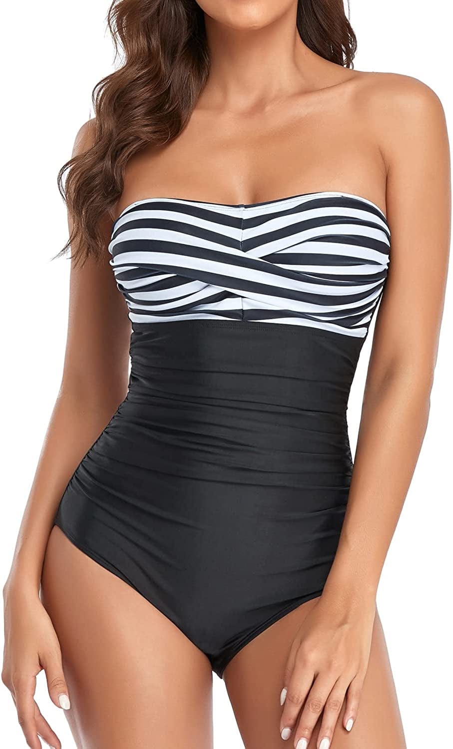 Tummy Control Swimwear Strapless One Piece Swimsuit Ruched Bathing Suits for Women Slimming Bandeau Tube Top Bikini D Black Stripe / X-Large