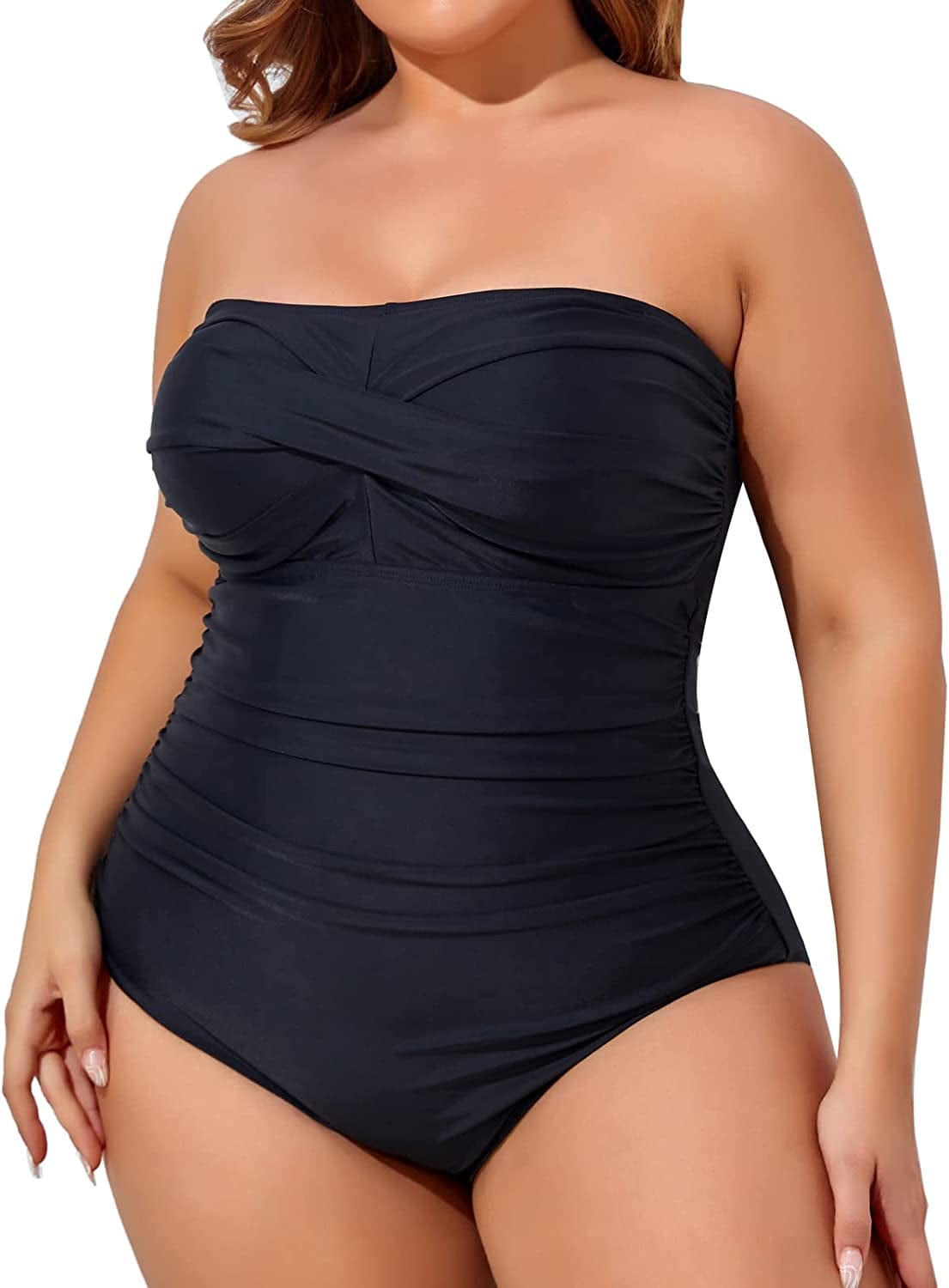 Tummy Control Swimwear Strapless One Piece Swimsuit Ruched Bathing Suits for Women Slimming Bandeau Tube Top Bikini Black-1 / XX-Large Plus