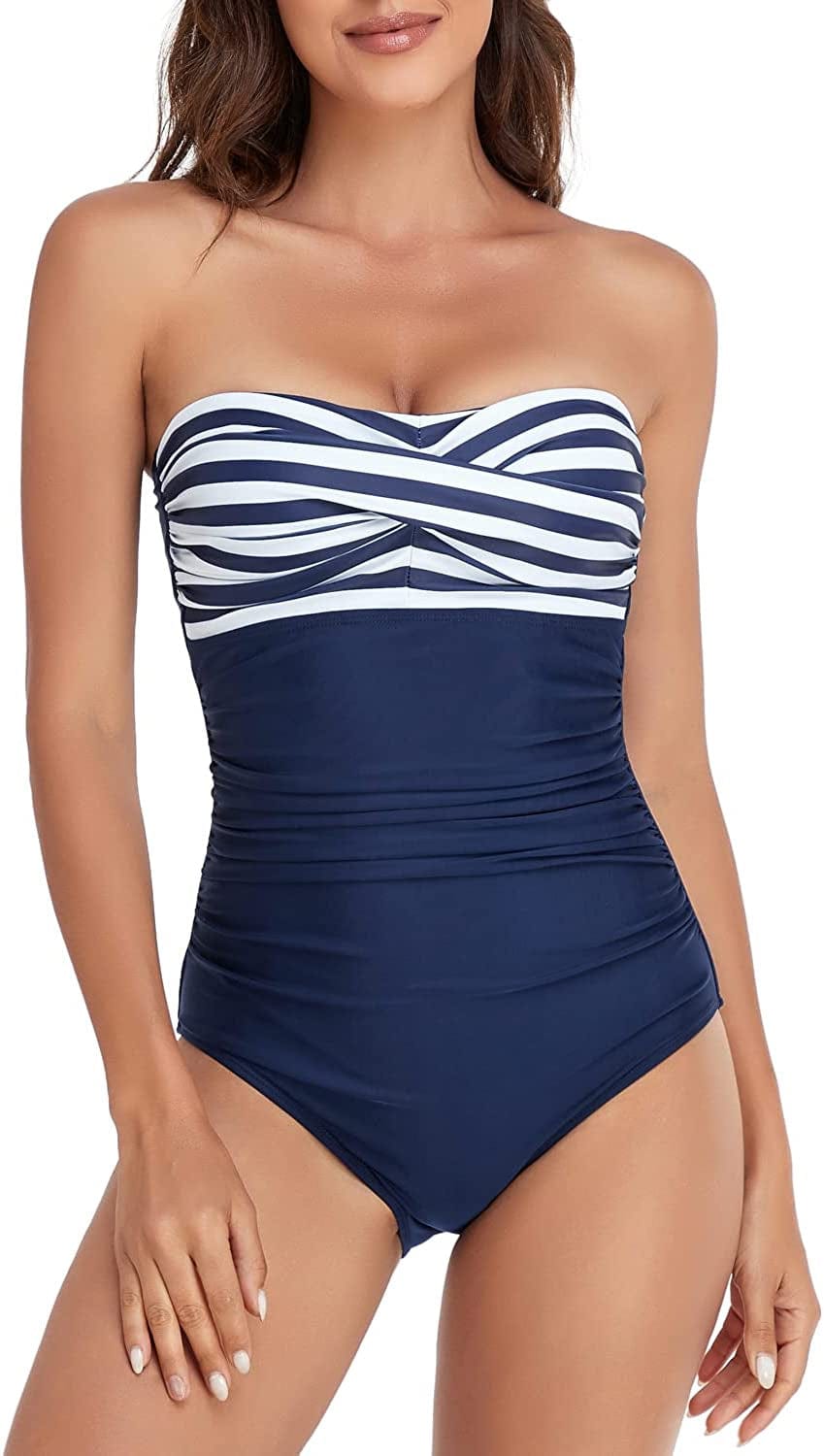 Tummy Control Swimwear Strapless One Piece Swimsuit Ruched Bathing Suits for Women Slimming Bandeau Tube Top Bikini Navy Stripe / Medium