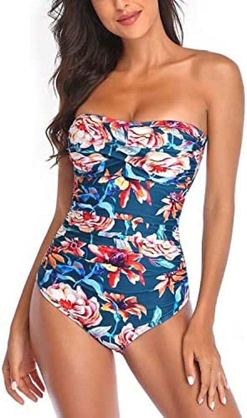 Tummy Control Swimwear Strapless One Piece Swimsuit Ruched Bathing Suits for Women Slimming Bandeau Tube Top Bikini Green Floral / Medium