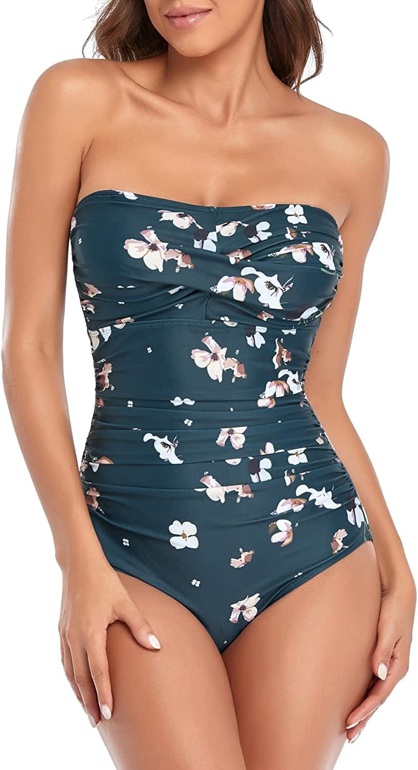 Tummy Control Swimwear Strapless One Piece Swimsuit Ruched Bathing Suits for Women Slimming Bandeau Tube Top Bikini Darkgreen Floral / Medium