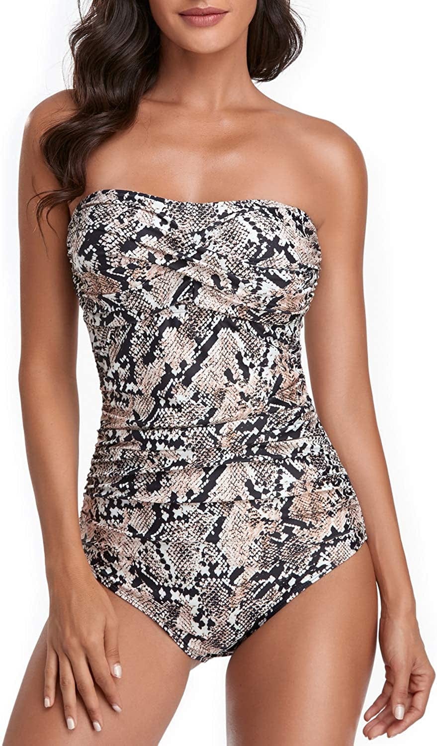 Tummy Control Swimwear Strapless One Piece Swimsuit Ruched Bathing Suits for Women Slimming Bandeau Tube Top Bikini Gold Snakeskin / Medium