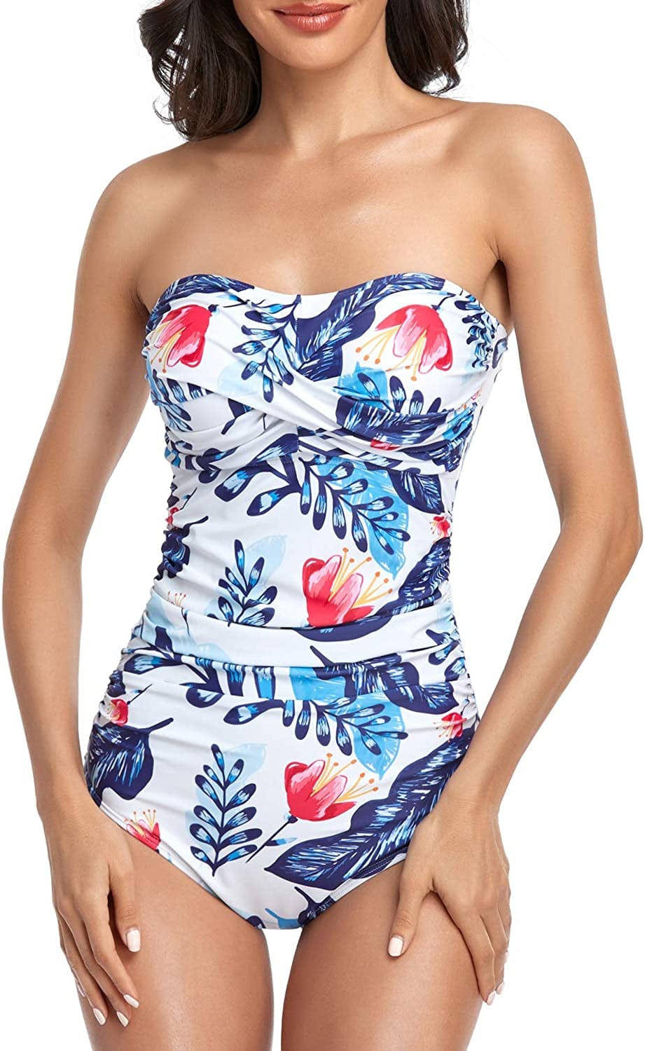 Tummy Control Swimwear Strapless One Piece Swimsuit Ruched Bathing Suits for Women Slimming Bandeau Tube Top Bikini Blue Leaf / Medium