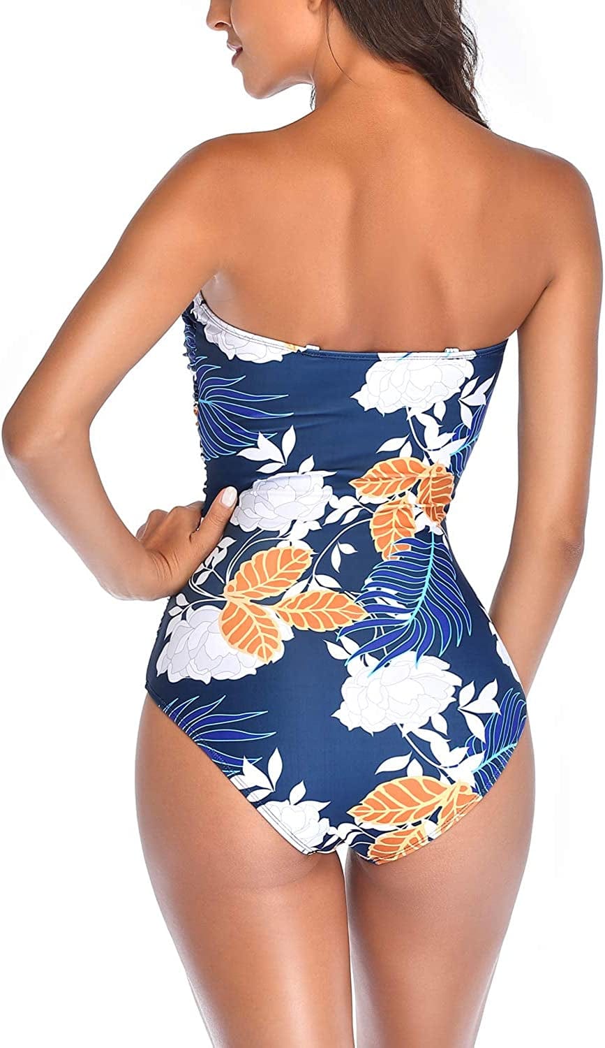 Tummy Control Swimwear Strapless One Piece Swimsuit Ruched Bathing Suits for Women Slimming Bandeau Tube Top Bikini