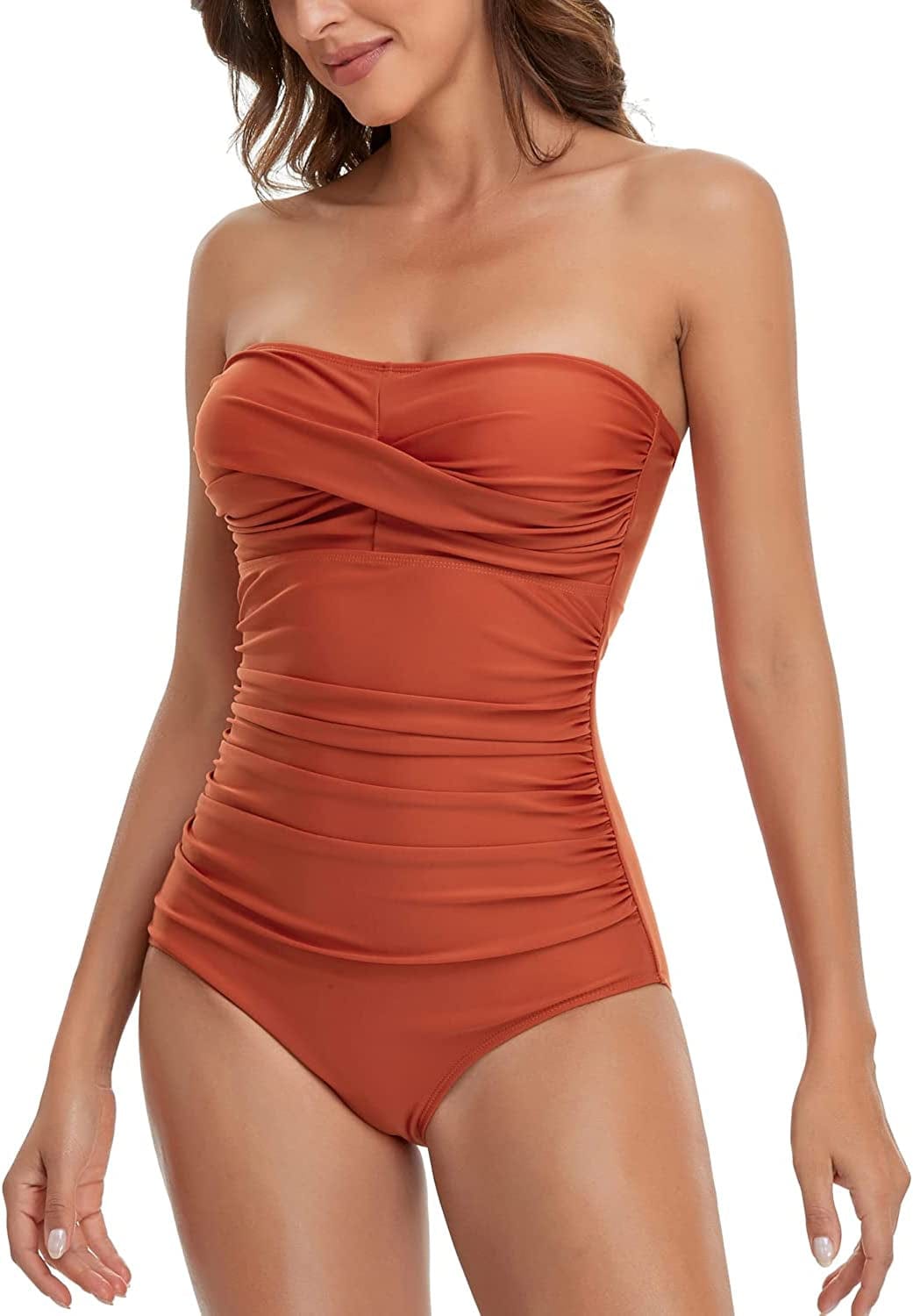 Tummy Control Swimwear Strapless One Piece Swimsuit Ruched Bathing Suits for Women Slimming Bandeau Tube Top Bikini Caramel / XX-Large