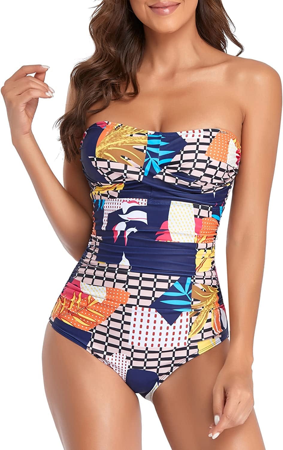 Tummy Control Swimwear Strapless One Piece Swimsuit Ruched Bathing Suits for Women Slimming Bandeau Tube Top Bikini Printed Geometry / Medium
