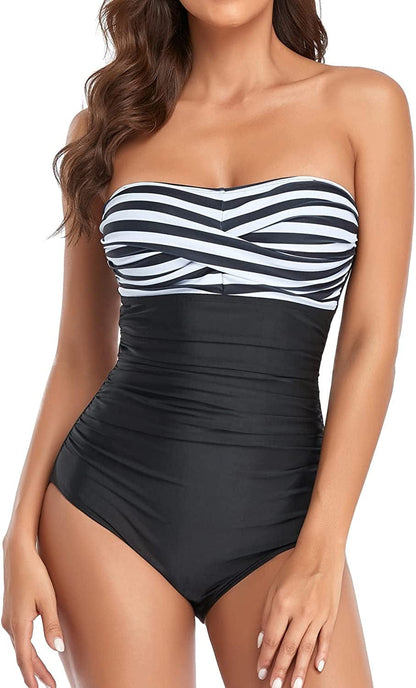 Tummy Control Swimwear Strapless One Piece Swimsuit Ruched Bathing Suits for Women Slimming Bandeau Tube Top Bikini D Black Stripe / X-Large